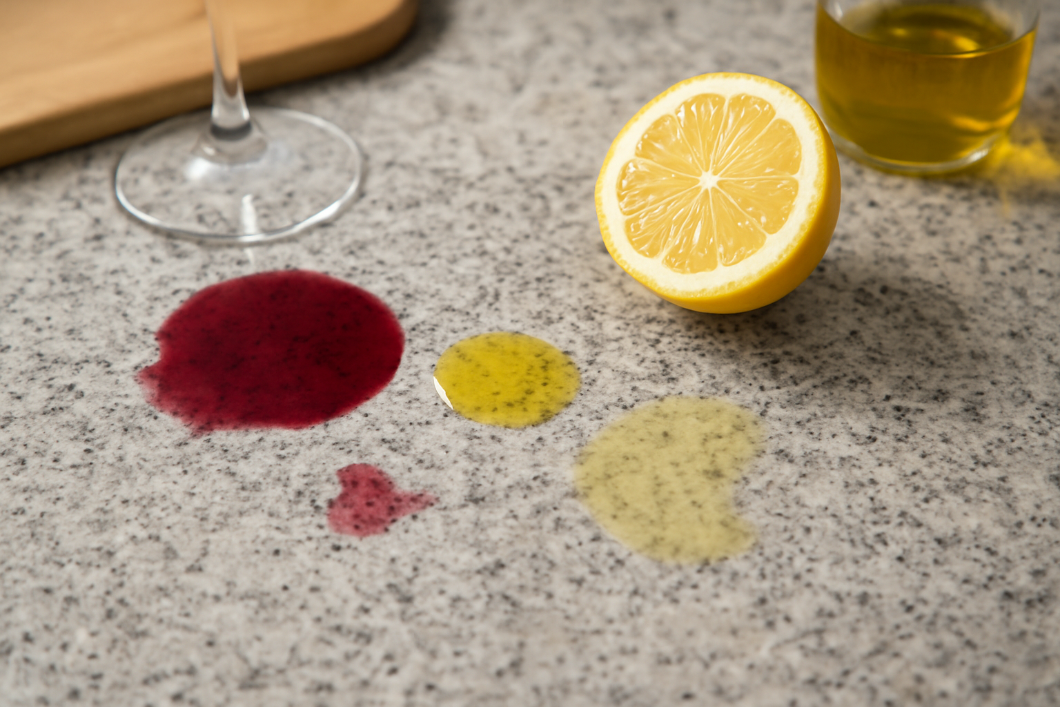 Granite countertop showing common stain sources such as wine, oil spills, and acidic lemon juice drops