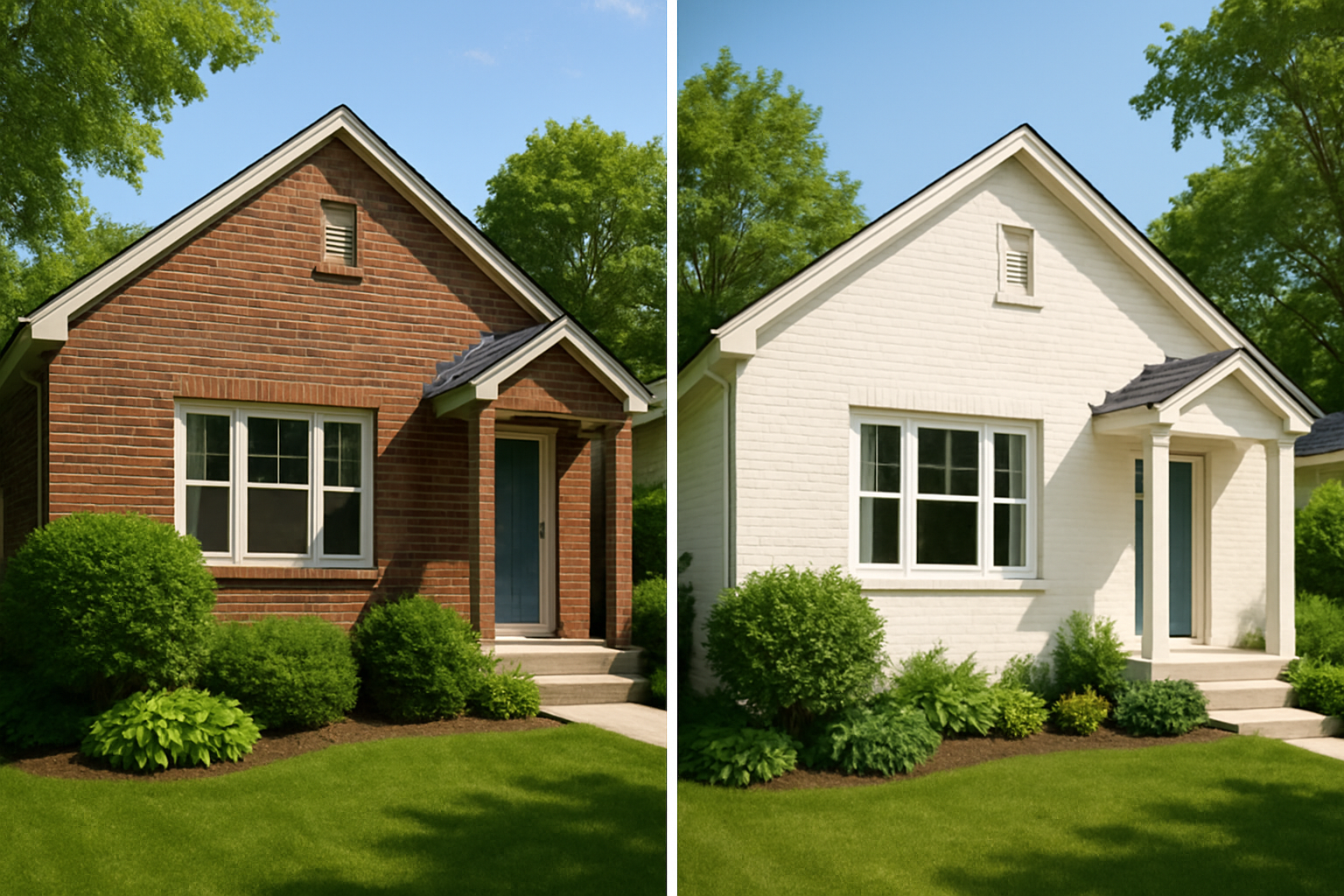 Visual comparison of a brick house showing the transformation from natural brick to a freshly painted exterior.