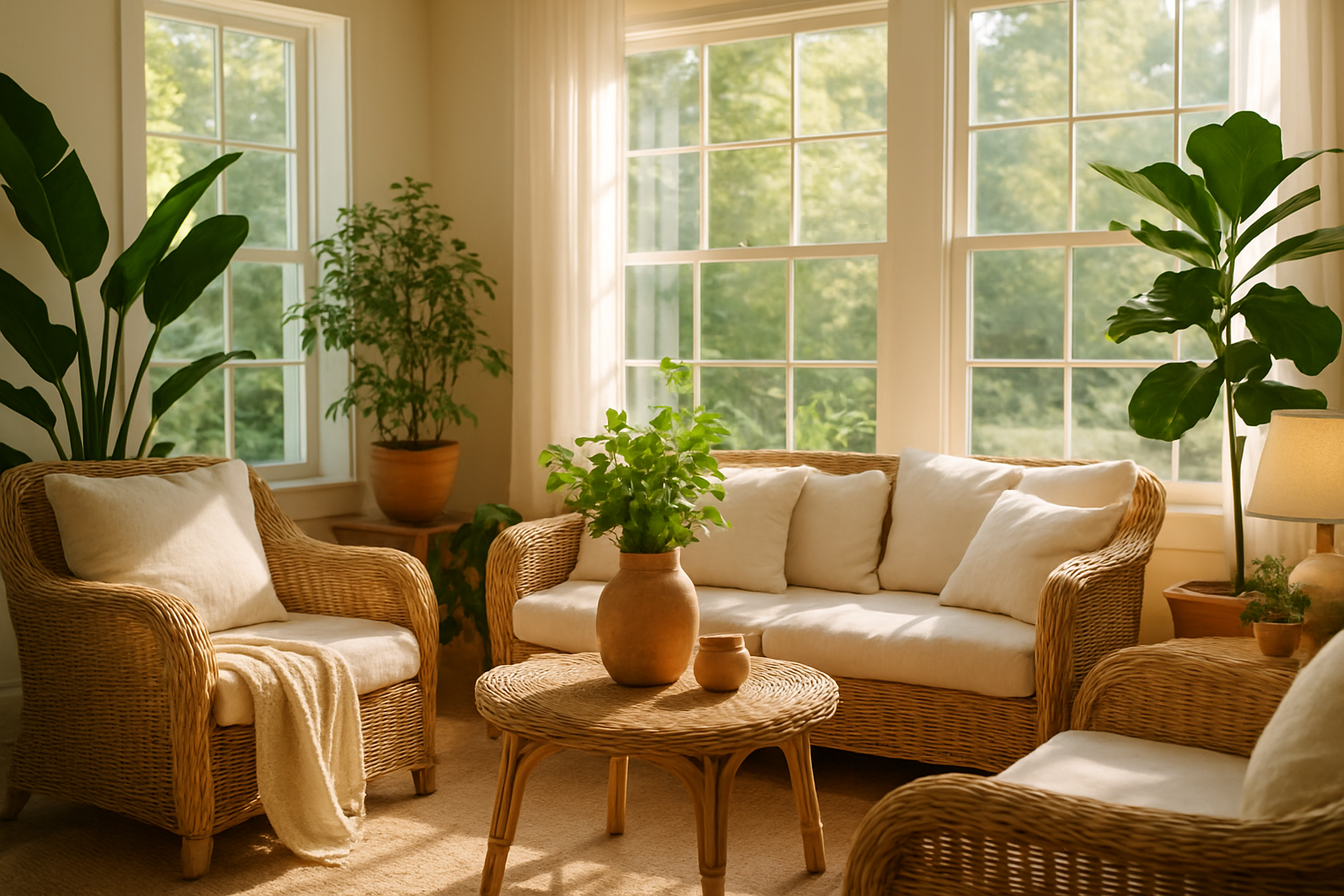 A cozy sunroom interior with inviting furniture, plants, and warm layered lighting.