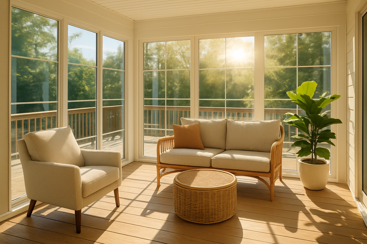 A beautifully converted sunroom featuring wide windows, modern framing, and bright natural light.