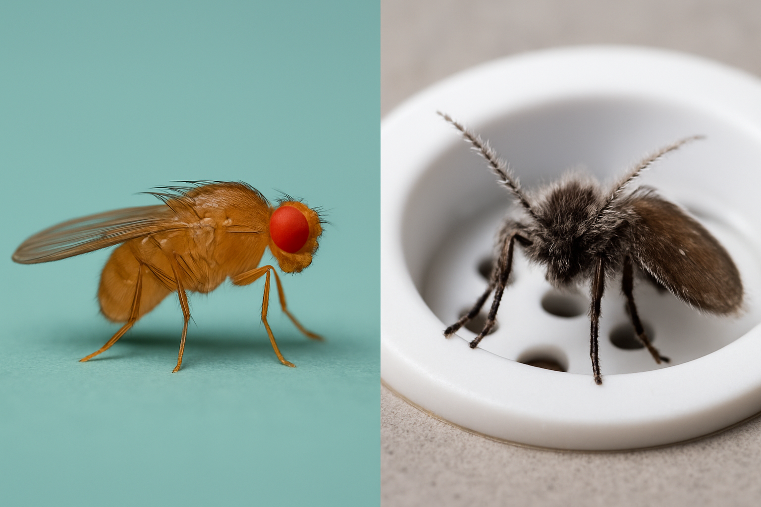 Side-by-side images highlighting physical differences between fruit flies and drain flies.