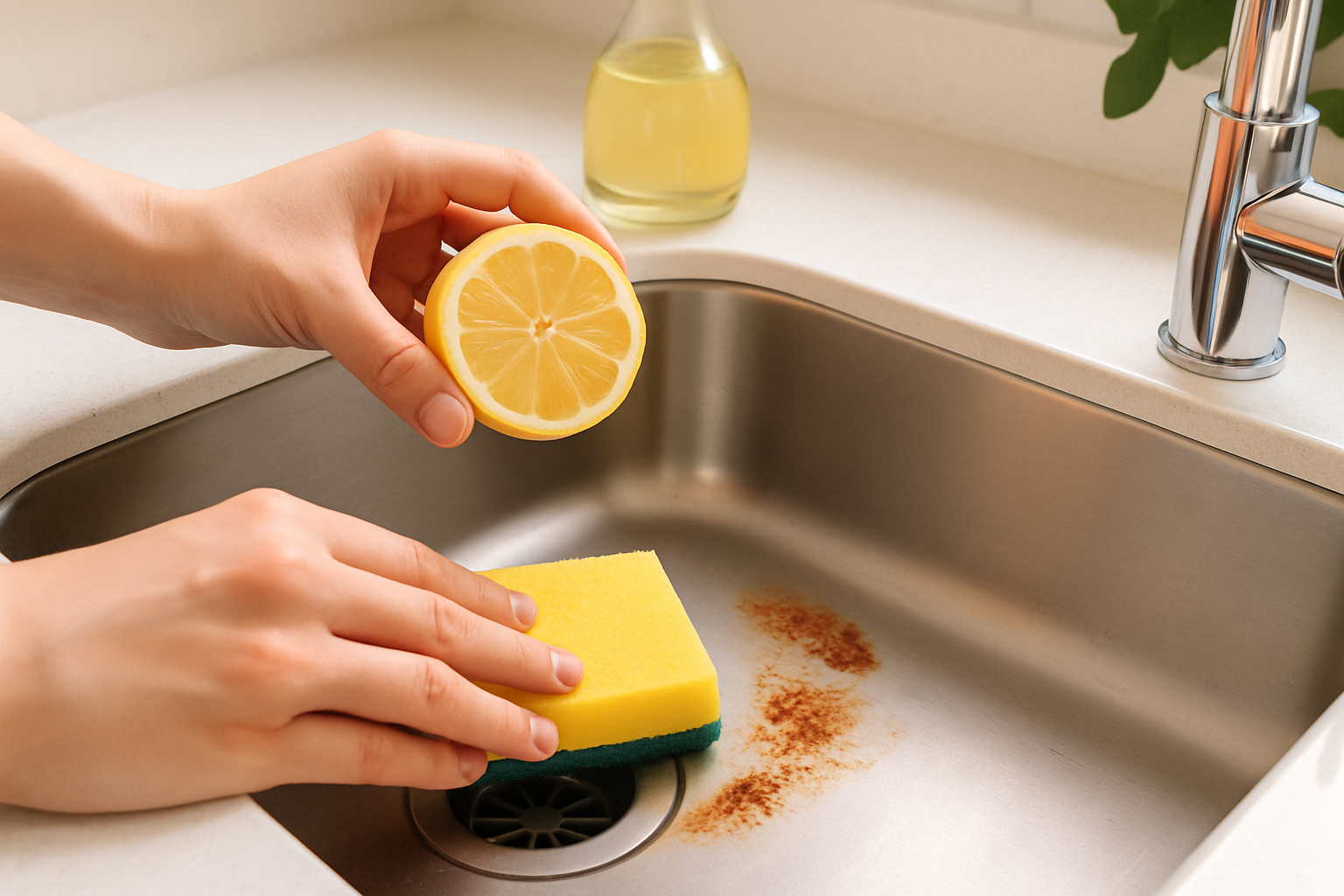 Removing rust safely from a stainless steel sink with natural household remedies.