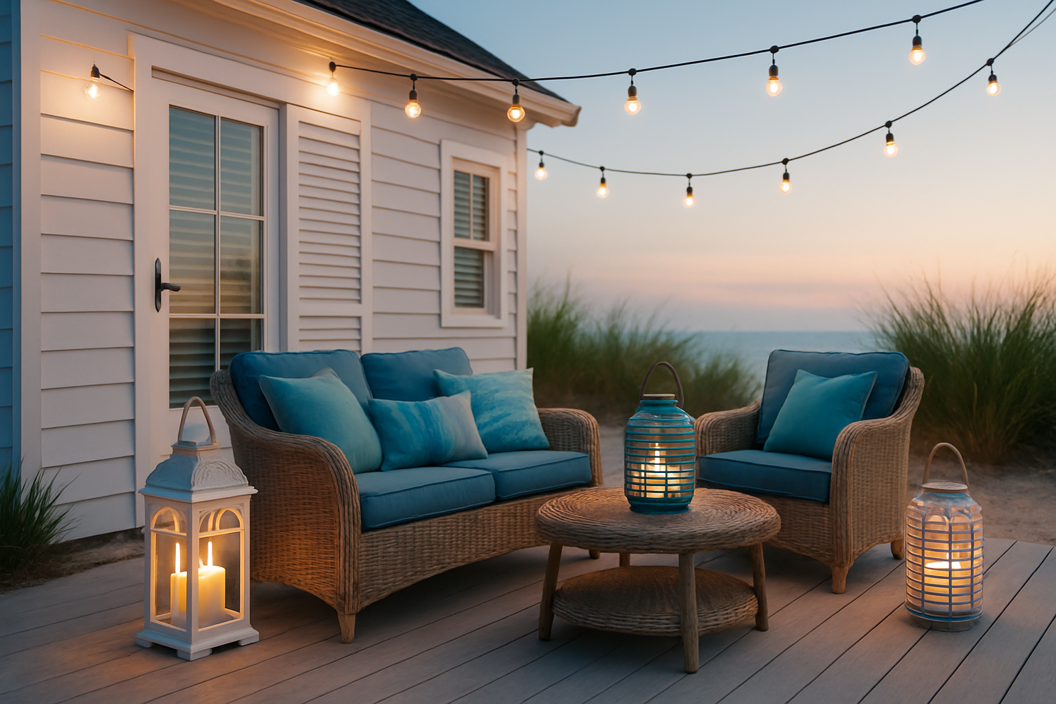 Photo showcasing a styled beach house patio featuring some of the recommended gifts like outdoor lanterns, coastal cushions, and string lights