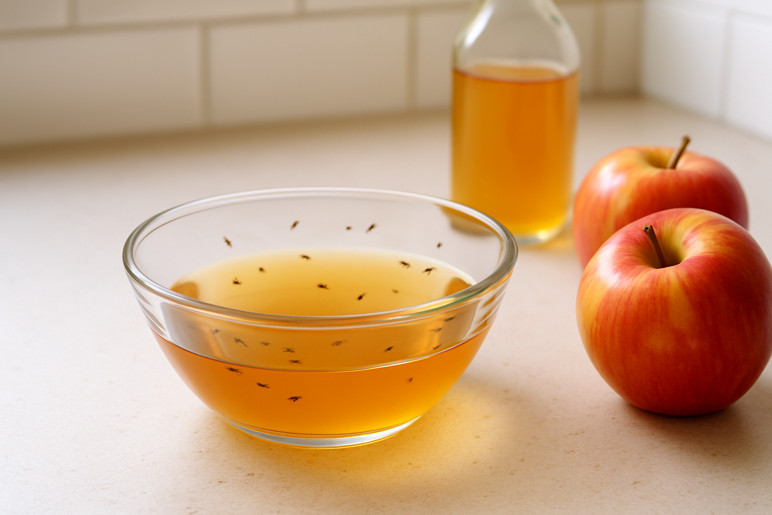 A simple homemade fruit fly trap using apple cider vinegar and dish soap placed on a kitchen counter.
