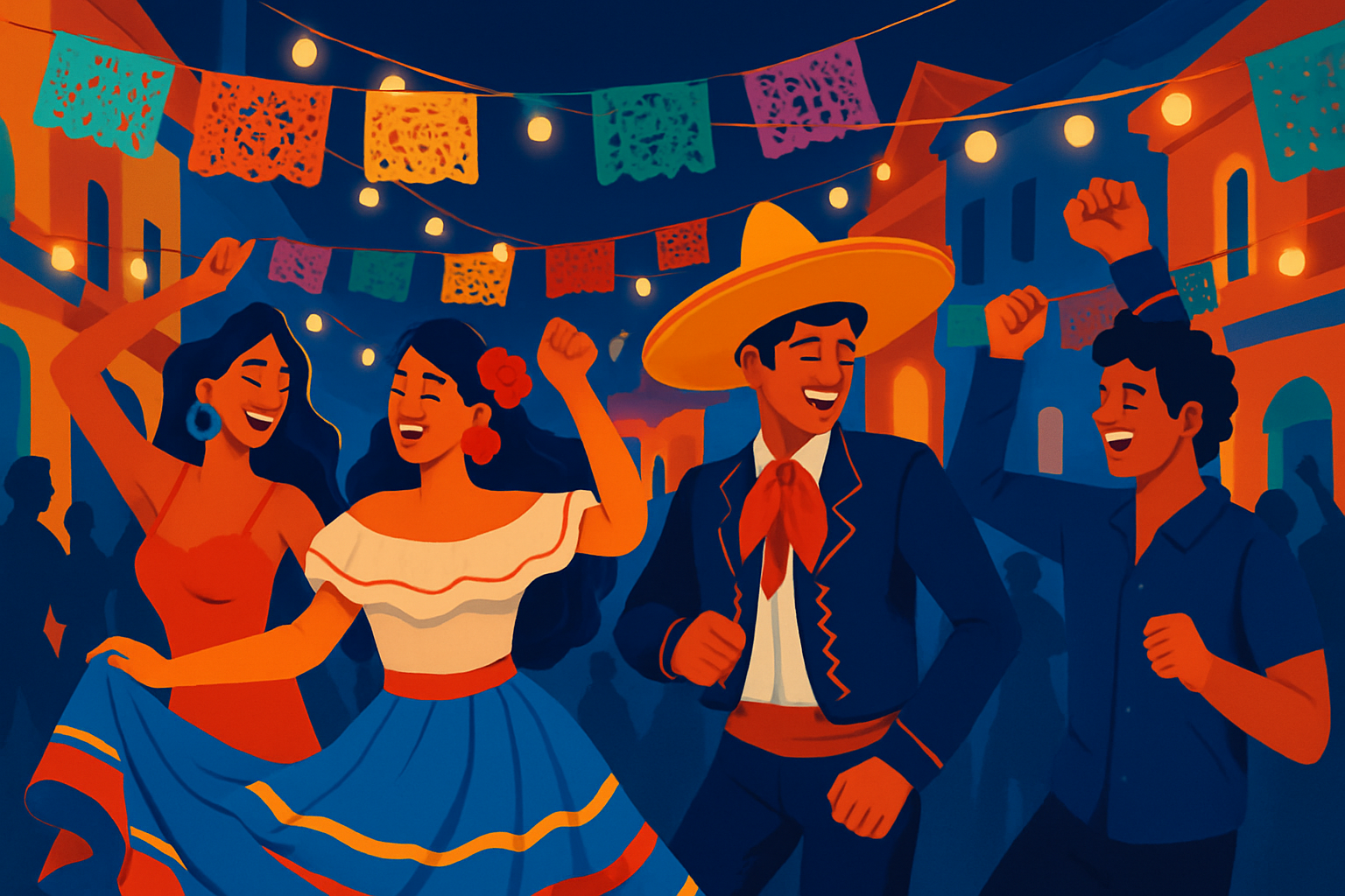 A colorful Mexican street party blending cultural tradition with modern nightlife festivities