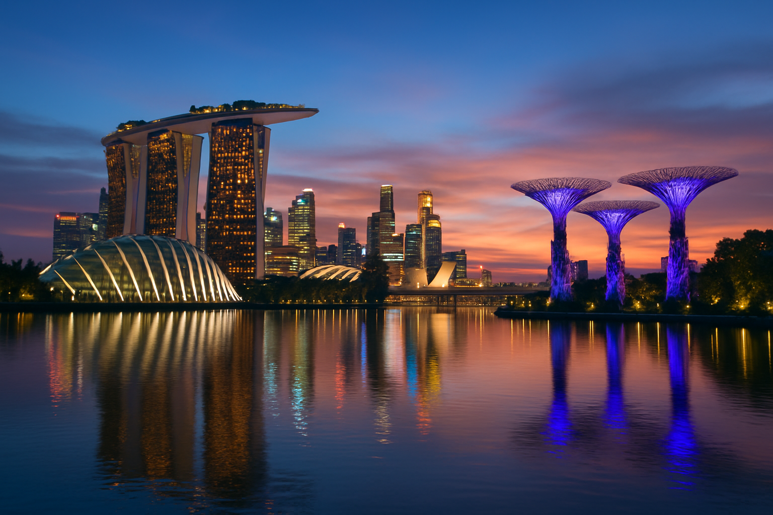 Panoramic view of Marina Bay Sands and Gardens by the Bay showcasing Singapore’s iconic skyline and urban beauty at twilight.