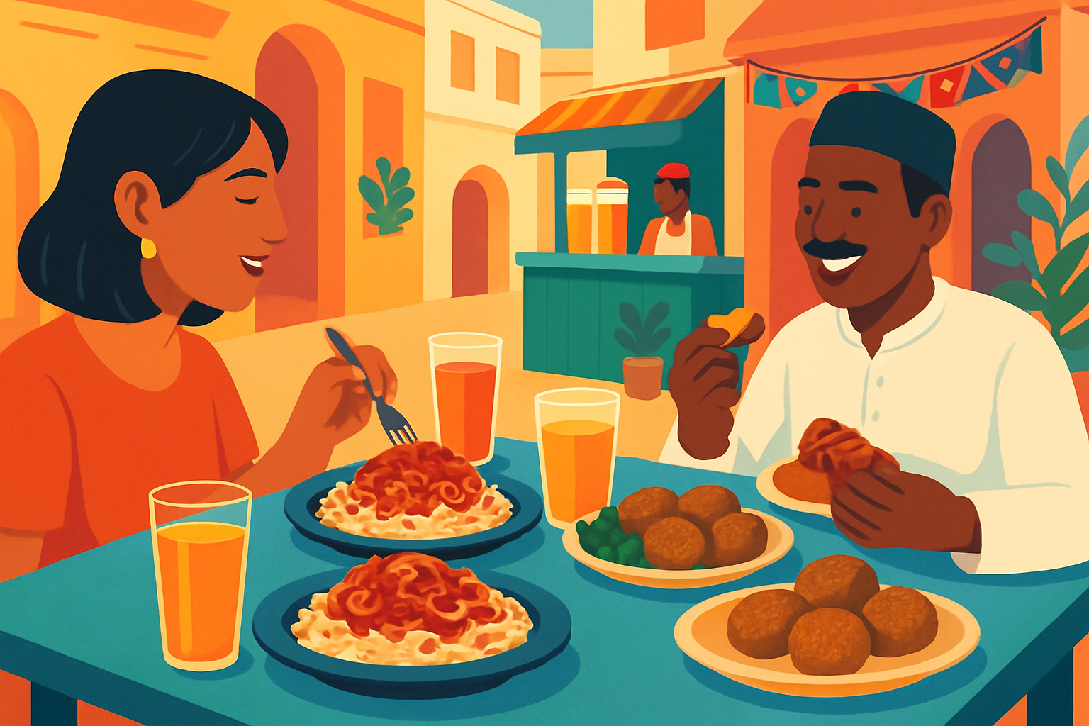 Bustling Egyptian street food market showcasing iconic local dishes and lively dining atmosphere