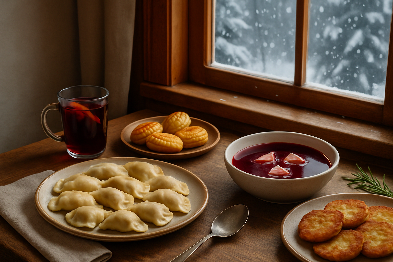 Traditional Polish winter dishes served in a warm, inviting setting during snowy winter.