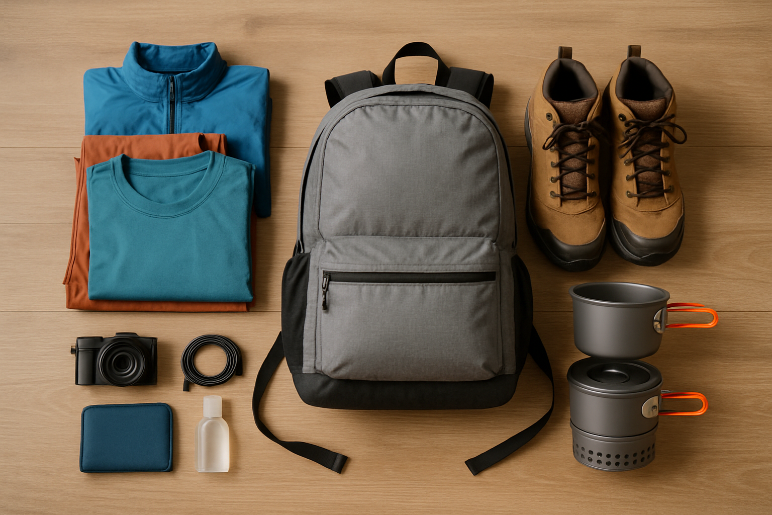An efficiently packed backpack showcasing layered clothing and compact backpacking essentials for budget travel in Switzerland