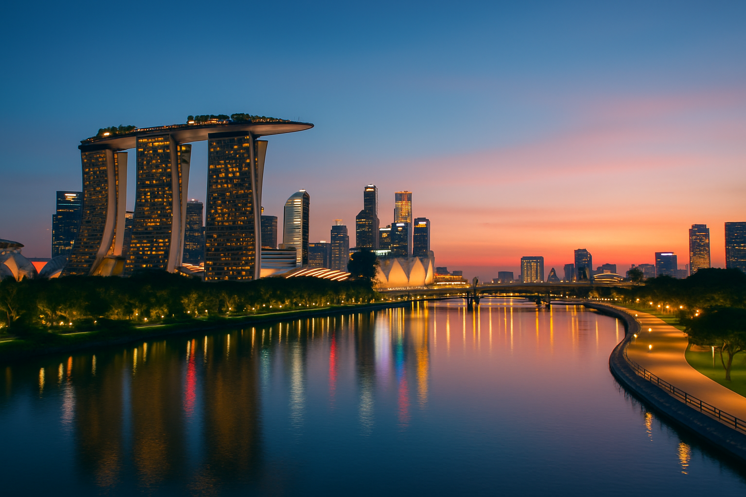 Panoramic skyline of Marina Bay showcasing Marina Bay Sands, waterfront, and illuminated cityscape at dusk.