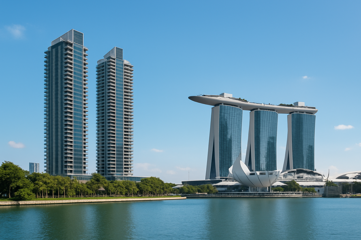 Luxury residential towers alongside Marina Bay Sands viewed from the waterfront on a sunny day.