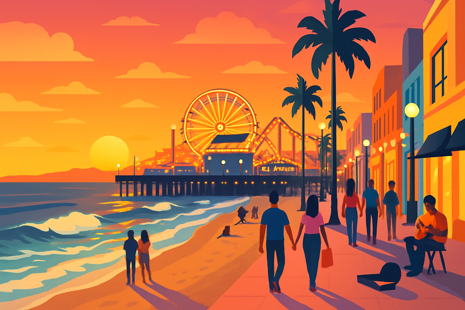 A panoramic view capturing Santa Monica’s iconic coastline, lively pier, and vibrant street life at sunset.