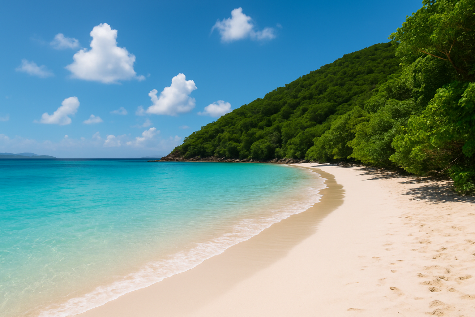A quiet secluded beach in the Virgin Islands showcasing clear turquoise waters and pristine white sand.