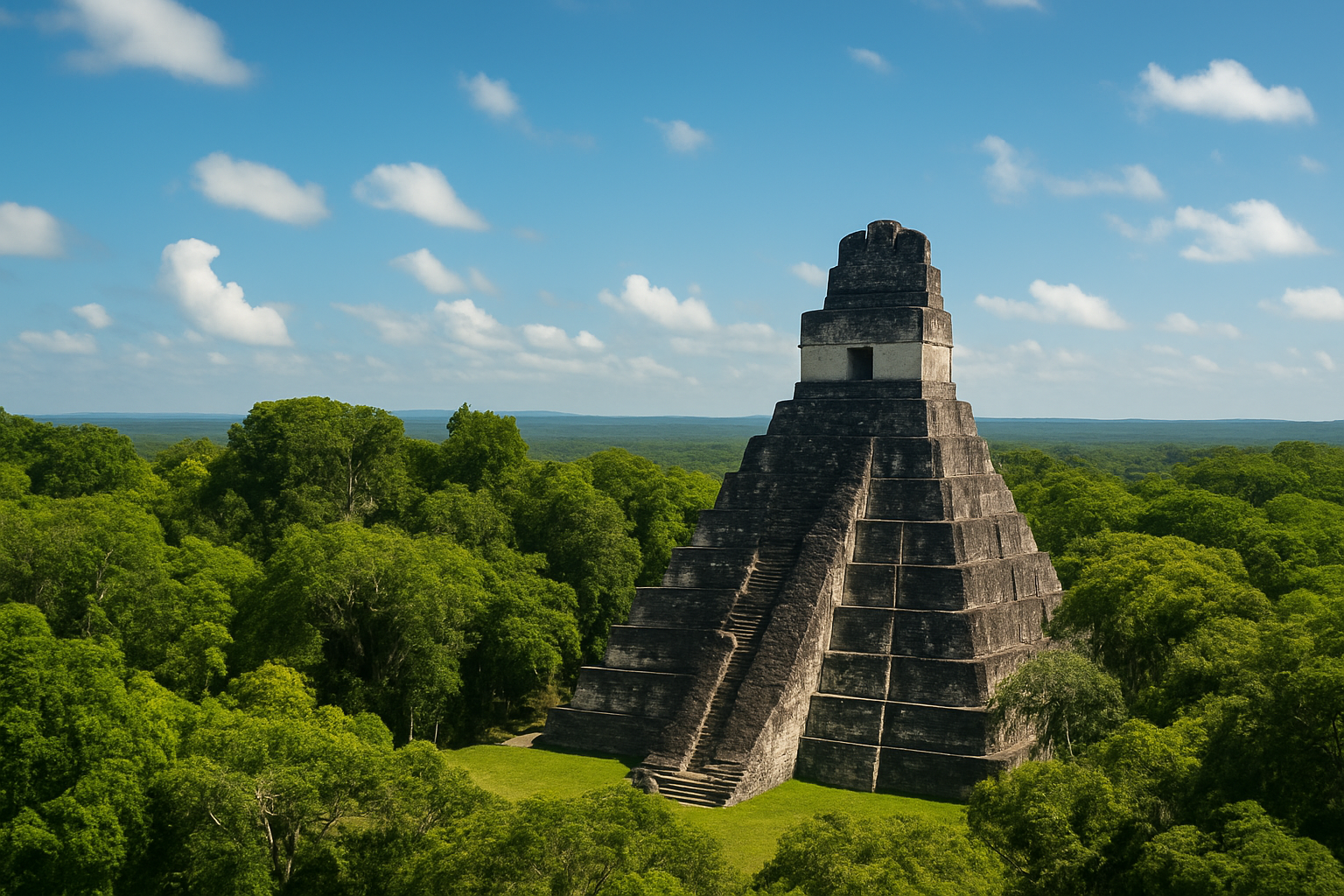 Photograph of Tikal’s main temple complex rising above the jungle canopy.