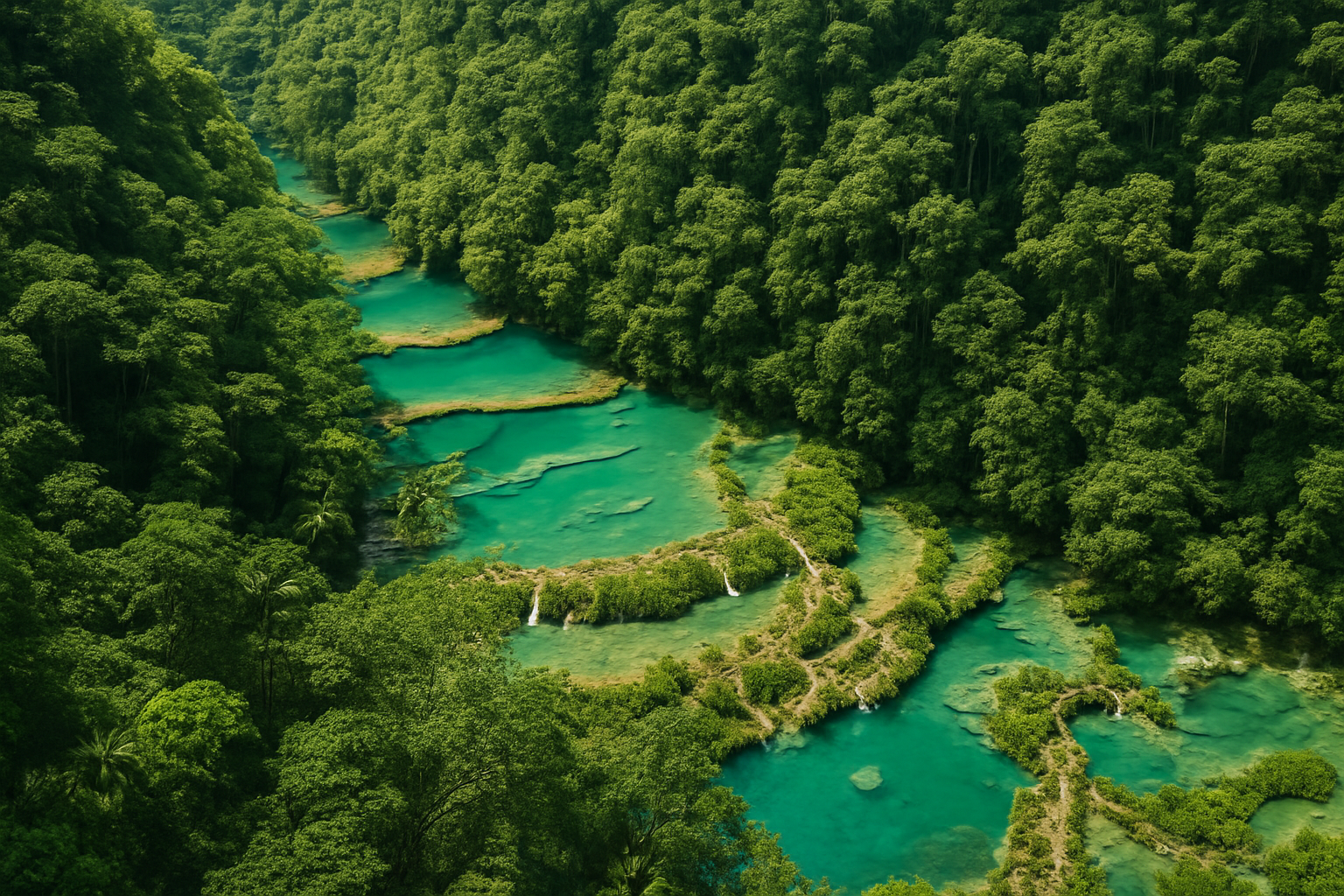 Aerial view of the tiered turquoise pools of Semuc Champey surrounded by dense forest.