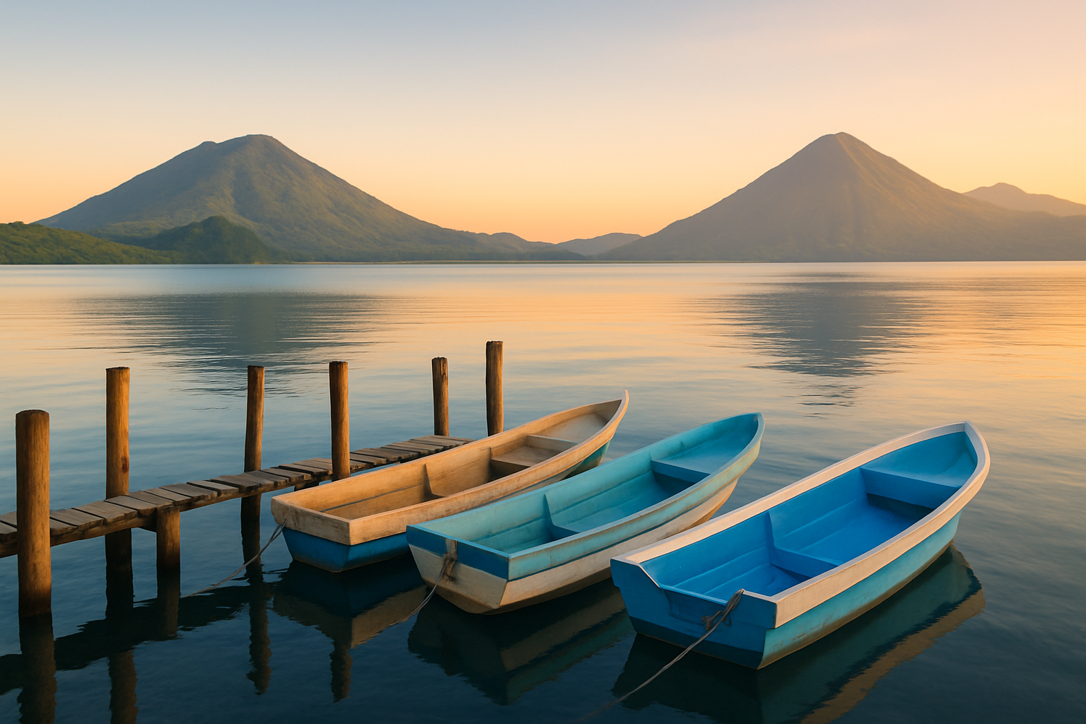 Scenic view of Lake Atitlán with volcanoes and traditional boats in foreground.
