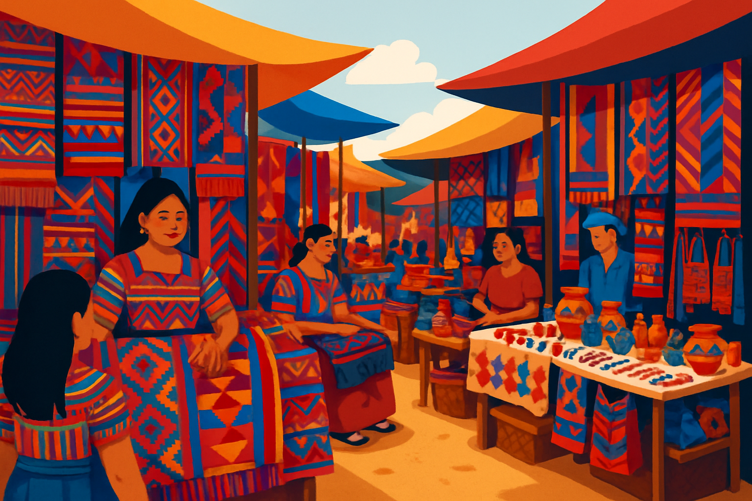 Vendors selling colorful textiles and crafts at the bustling Chichicastenango market.