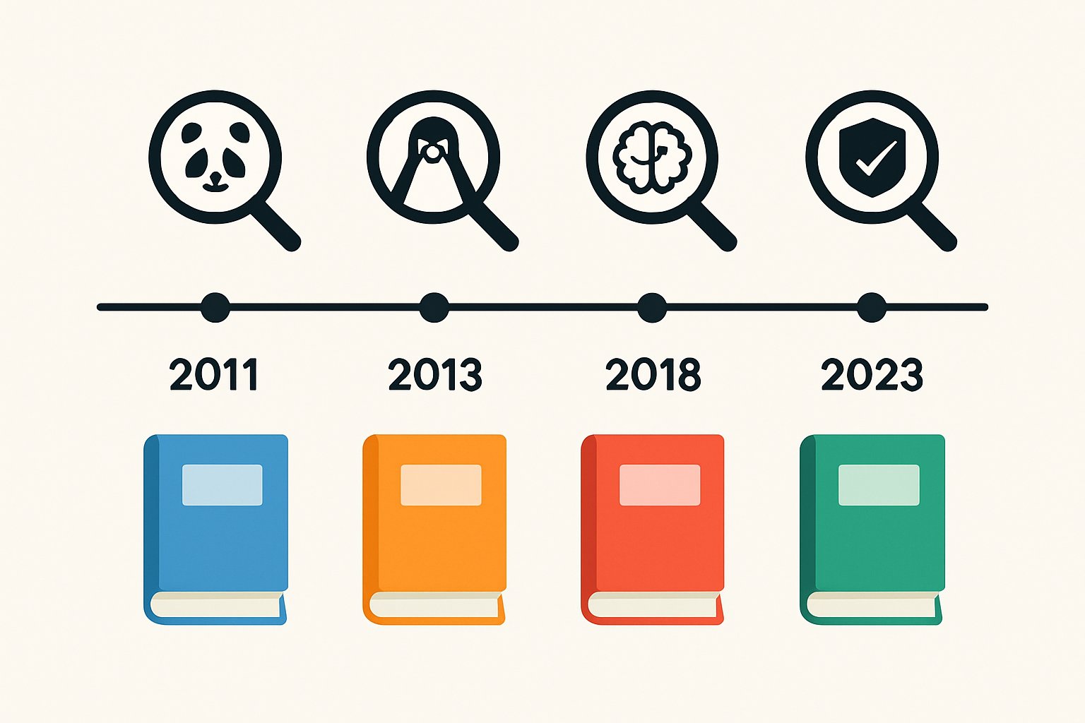 Timeline graphic depicting major algorithm updates alongside corresponding book releases