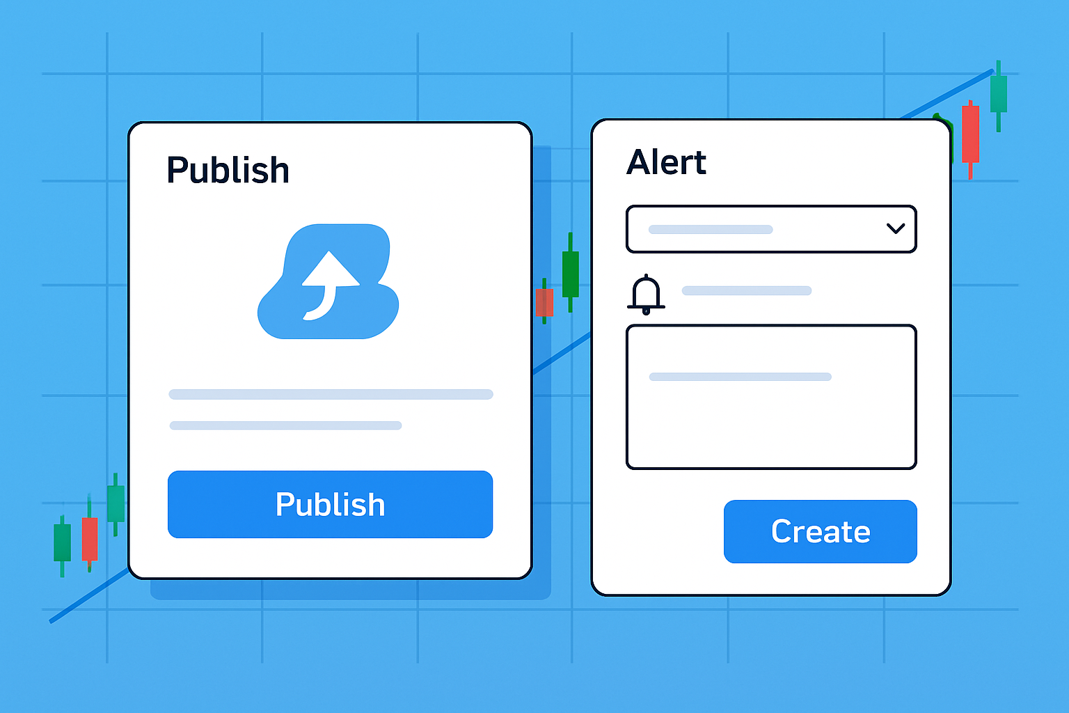 TradingView interface displaying the publishing process and alert configuration for a Pine Script indicator.